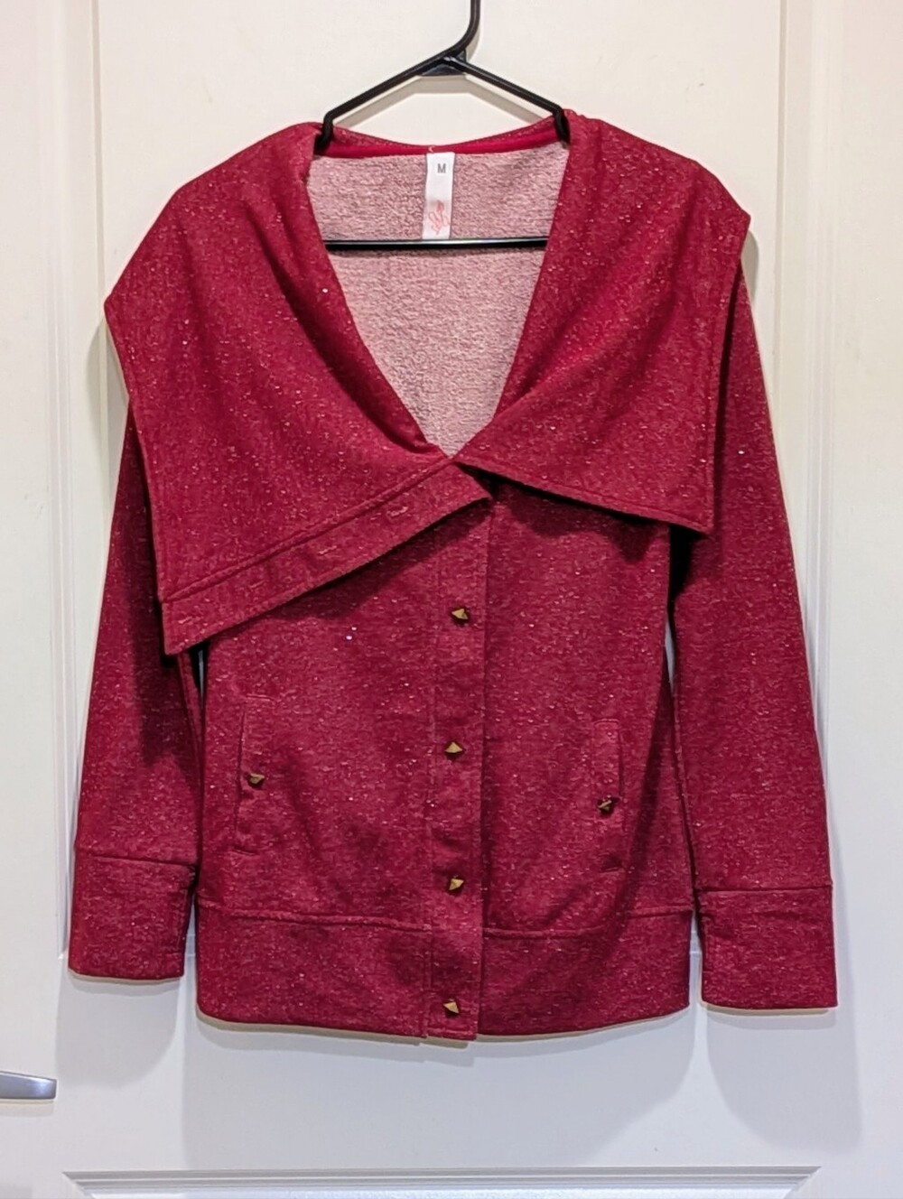 EUC Lola Jeans M Red Wide Collar Hooded Cardigan with Studs and Gold Metallic
